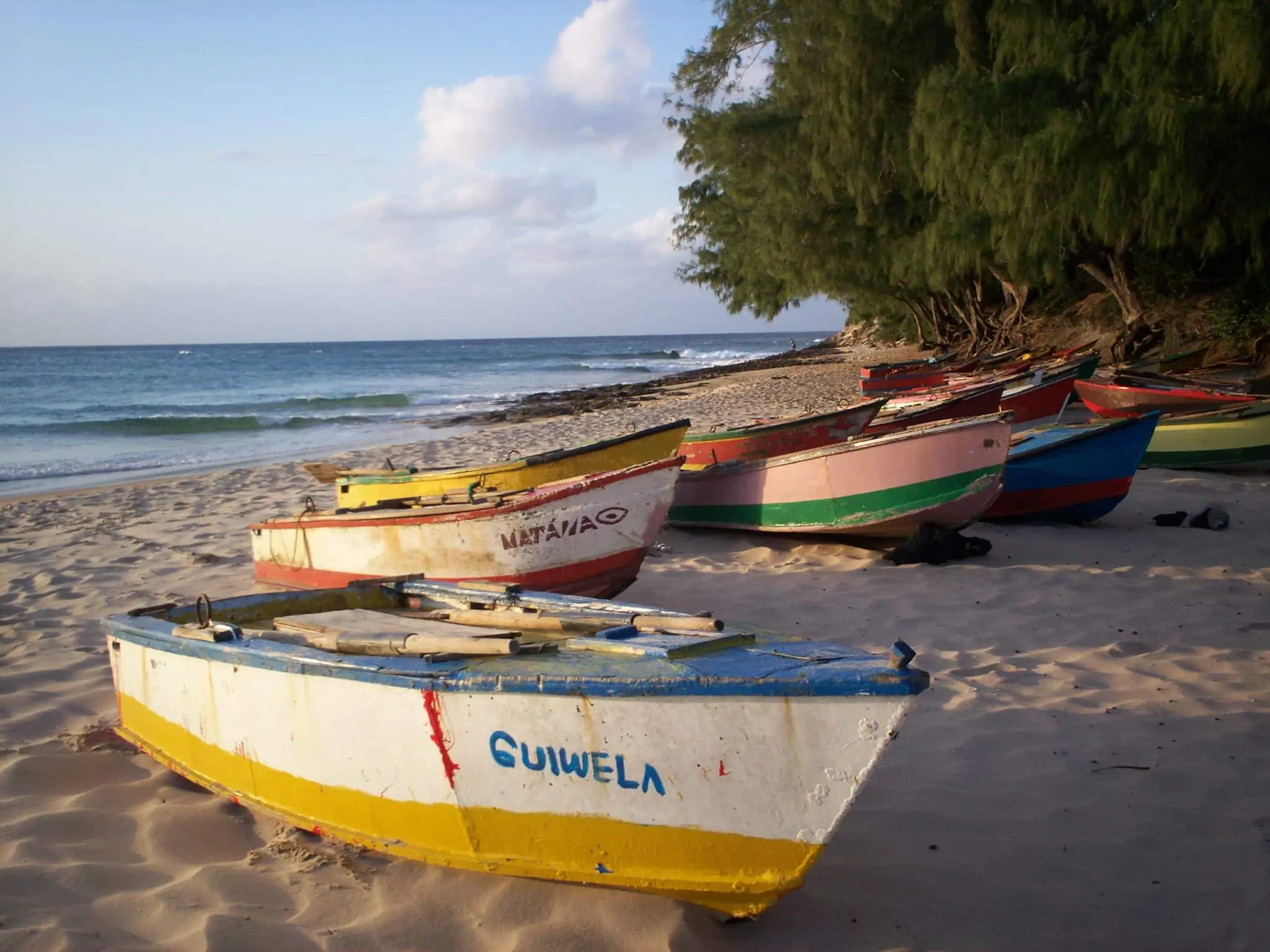 succession de bateaux colorés sur la plage de tofo