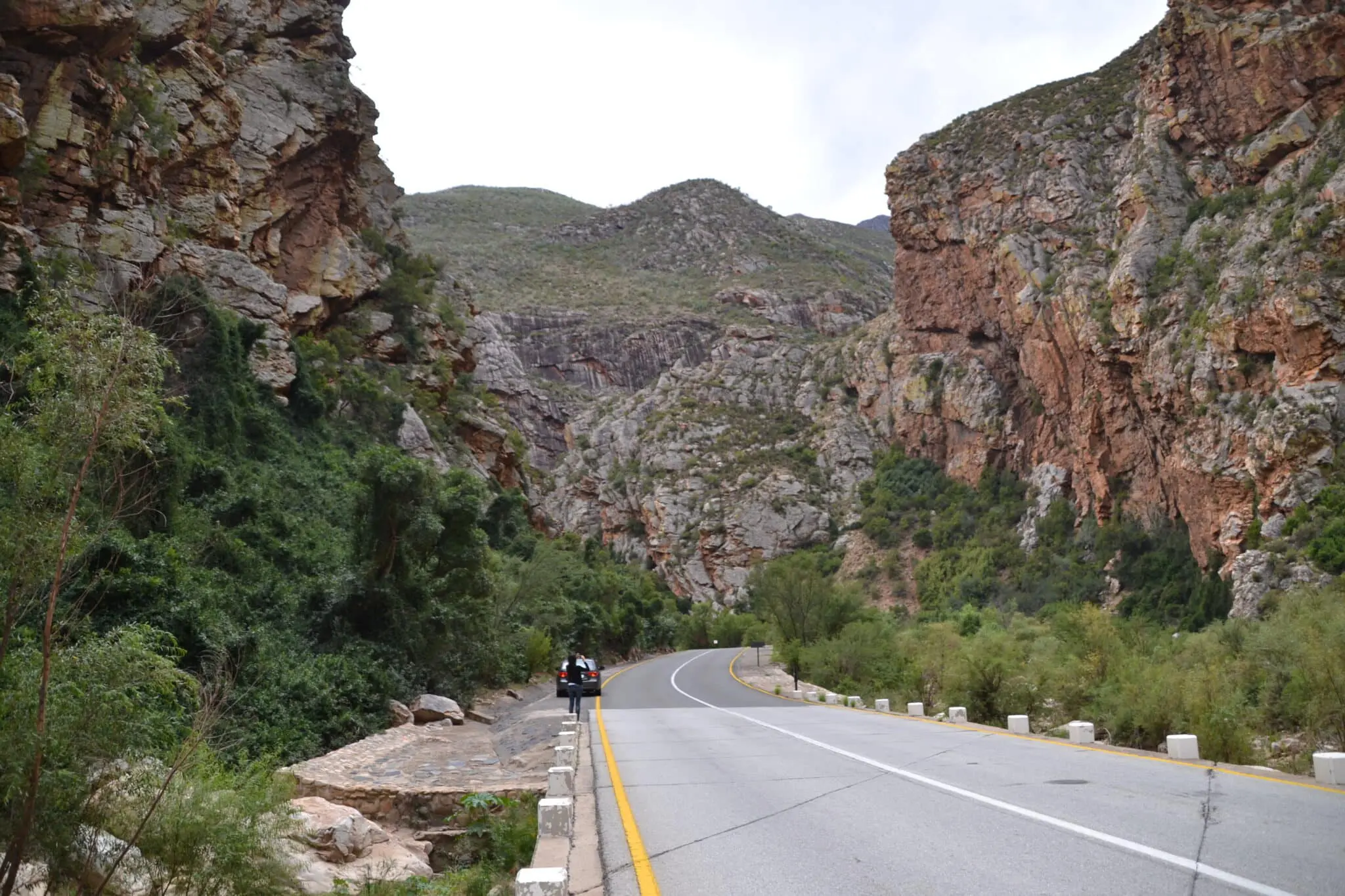 Une personne prend une photo des montagnes du Karoo depuis la route