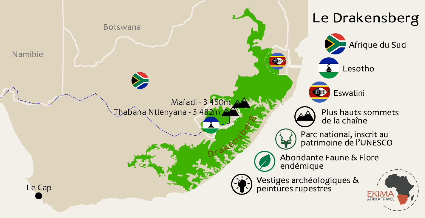 Une carte du Drakensberg légendée reprenant les points forts du site
