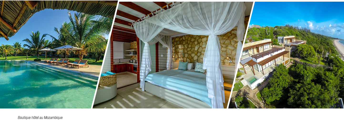 Piscine, chambre et vue d’ensemble d'une boutique hôtel au Mozambique