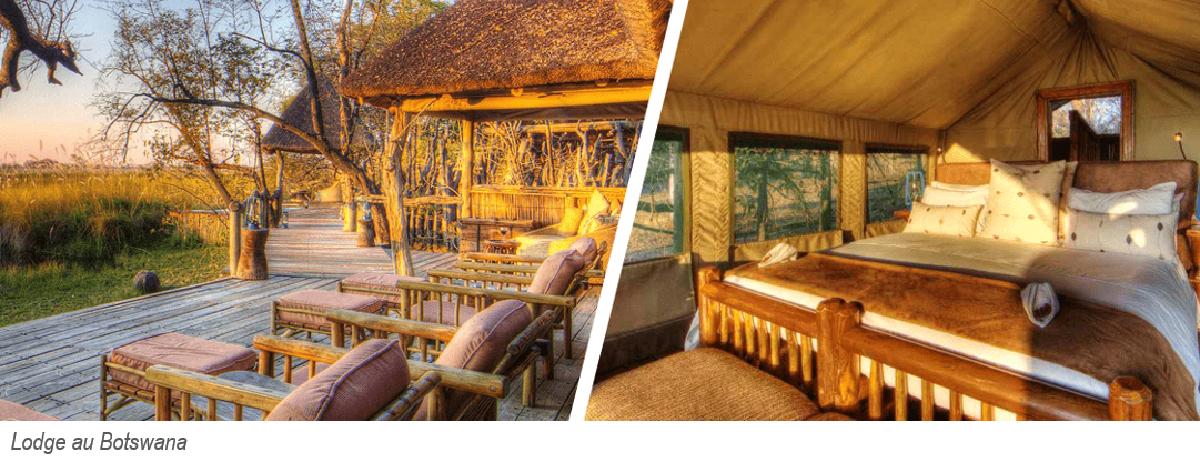 lodge au botswana et son espace détente face au détail d'une chambre