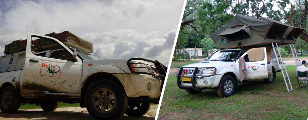 4x4 arrêté avec 2 vues sur la tente de toit : fermée et ouverte