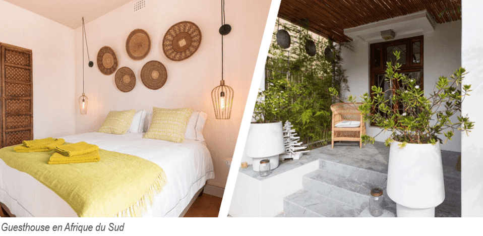 une guesthouse en Afrique du sud : extérieur cosy et chambre simple