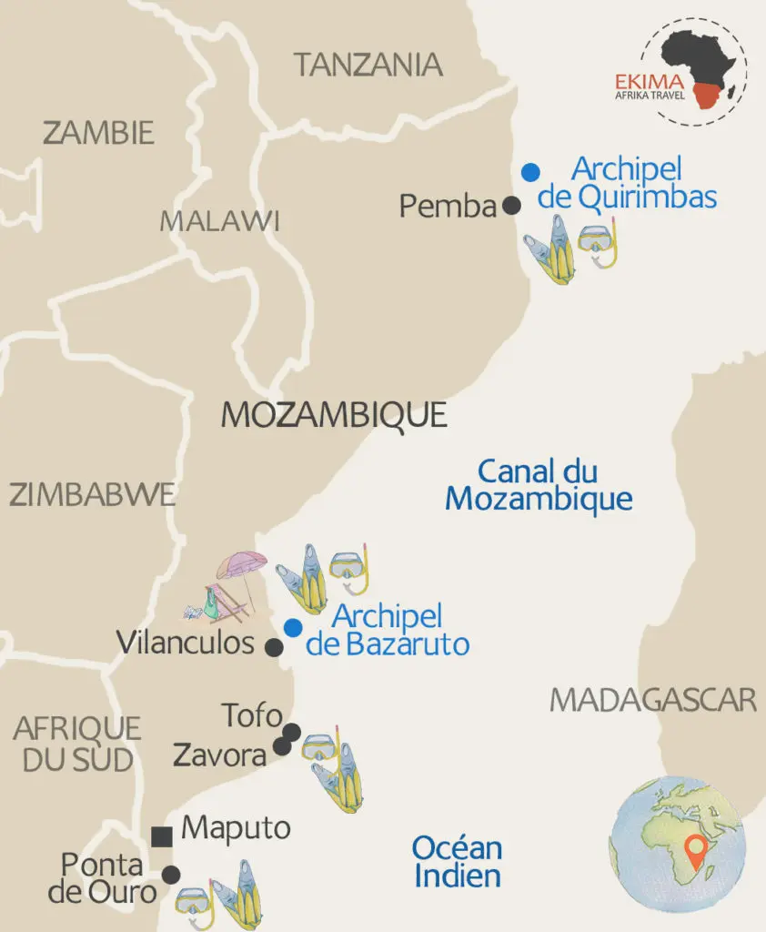 Carte des meilleurs spots de plongée au Mozambique