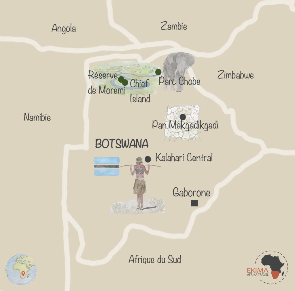 Carte des lieux à visiter au Botswana