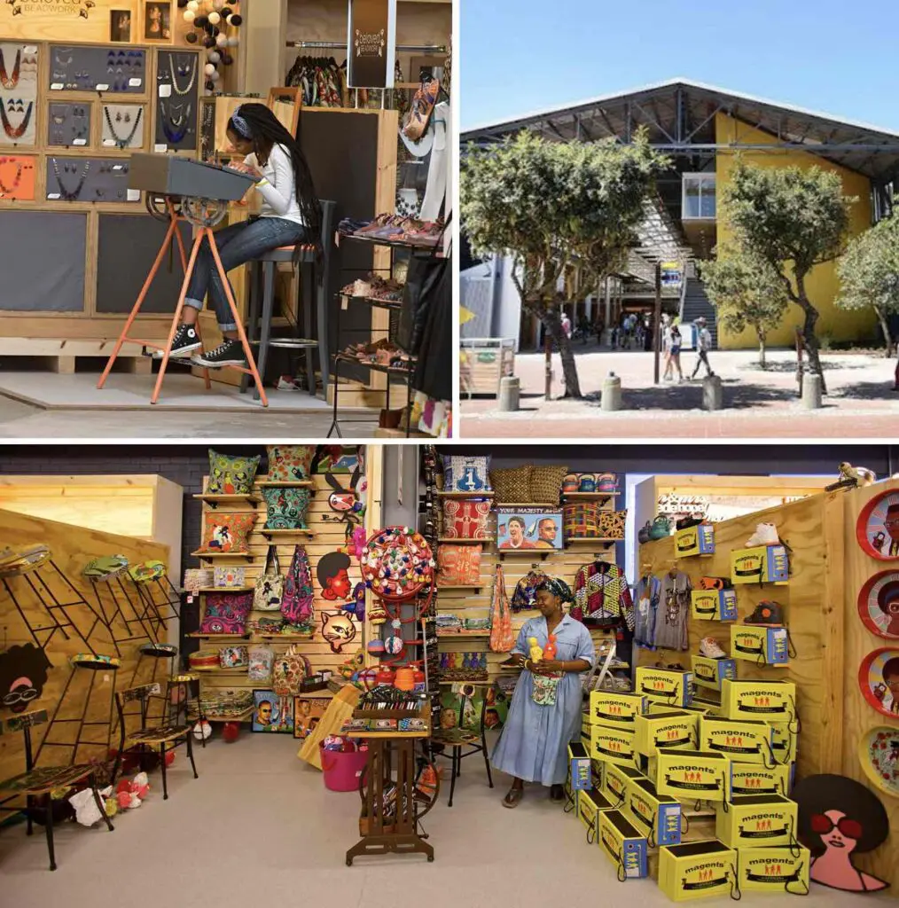 Mix de trois photos : l'entrée du marché et deux stands d'artisanat
