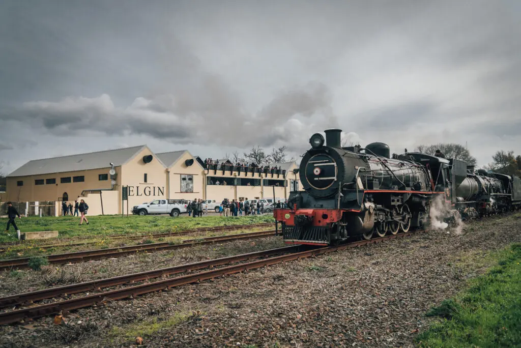 Les visiteurs du marché d'Elgin observent l'arrivée du train à vapeur