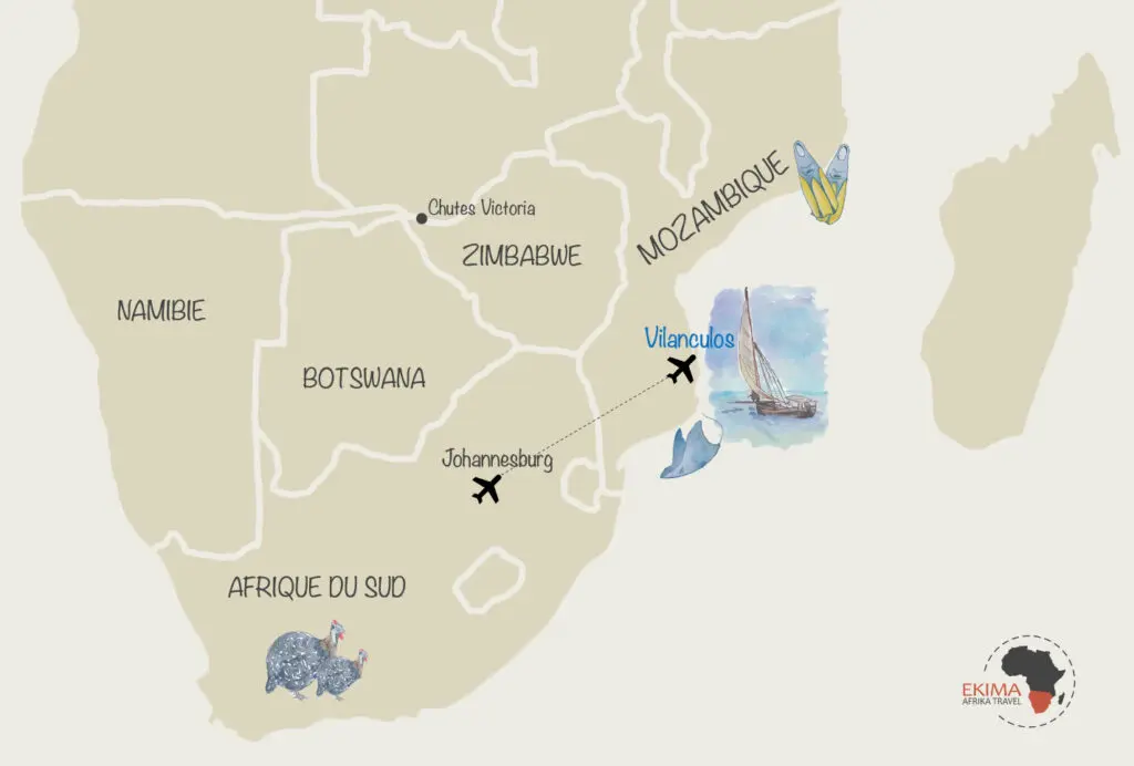 Carte repère montrant Vilanculos par rapport a ses pays voisins