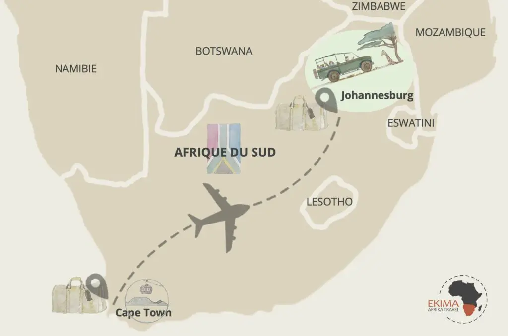 Carte Ekima représentant le voyage Eductour du cap au Limpopo