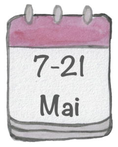 Dessin calendrier avec inscrit les dates du voyage : 7-21 mai 2023