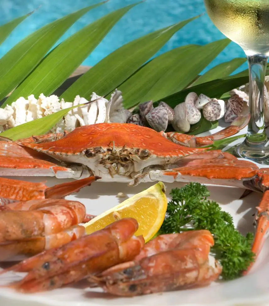 Plat joliment décoré avec crabes, crevettes et une vue sur l'eau