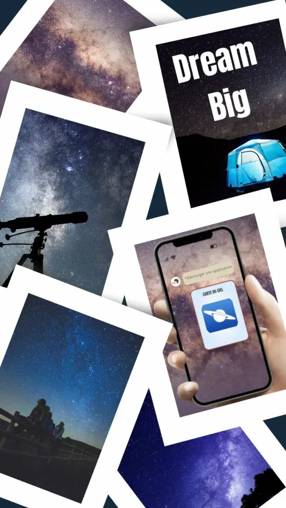 Montage de photos illustrant l'observation d'étoiles avec équipement