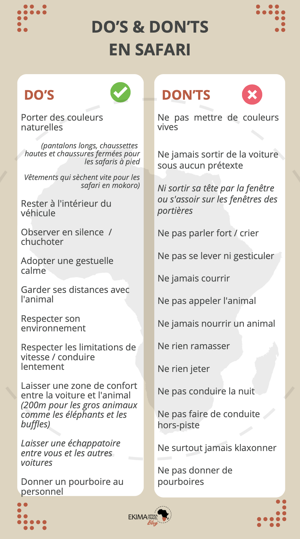 Liste récapitulative des choses à faire et à ne pas faire en safaris