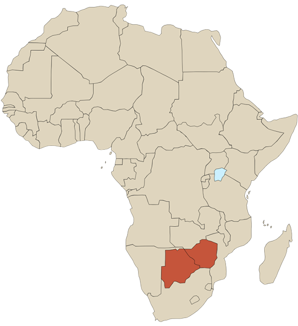 carte du continent africain avec botswana et Zimbabwe coloriés