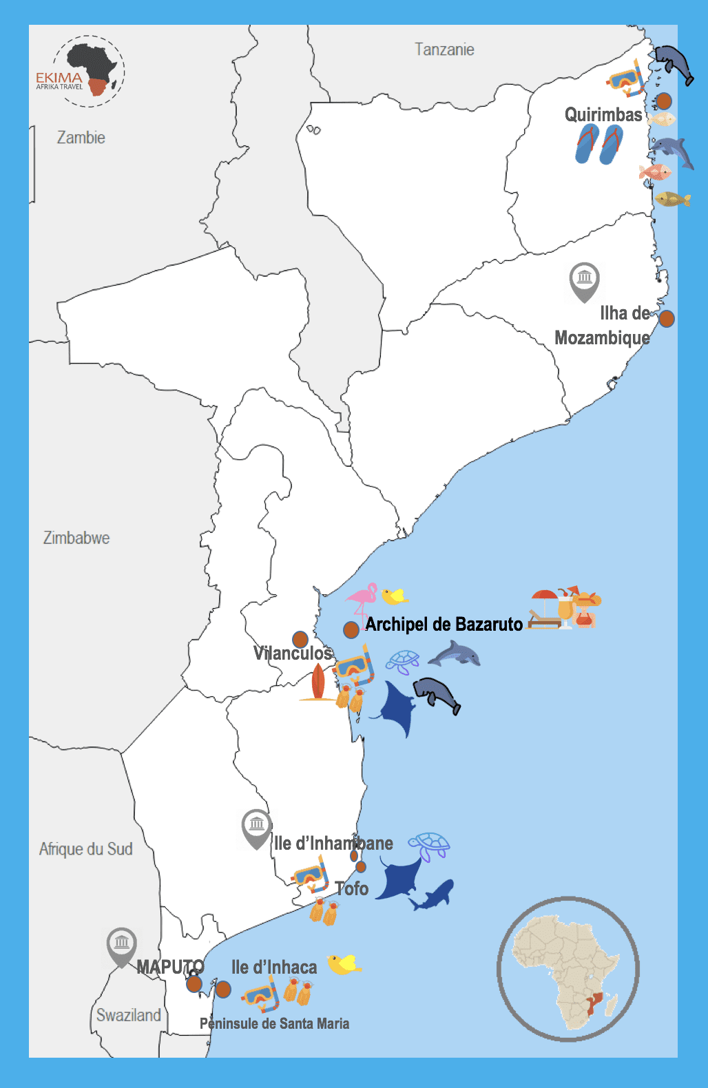 incontournables-du-mozambique-carte-ekima-afrika-travel-agence-francophone-voyage-afrique-australe carte avec reperes des lieux incontournables du mozambique