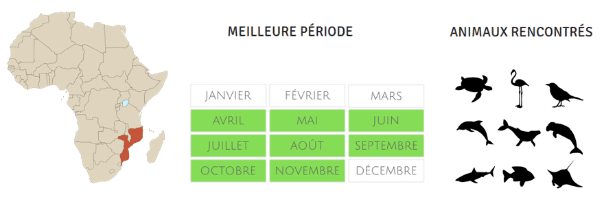 incontournables-du-mozambique-que-visiter-le-meilleur-du-pays-ekima-afrika-travel-afrique-australe infographie - carte - calendrier et animaux rencontrés
