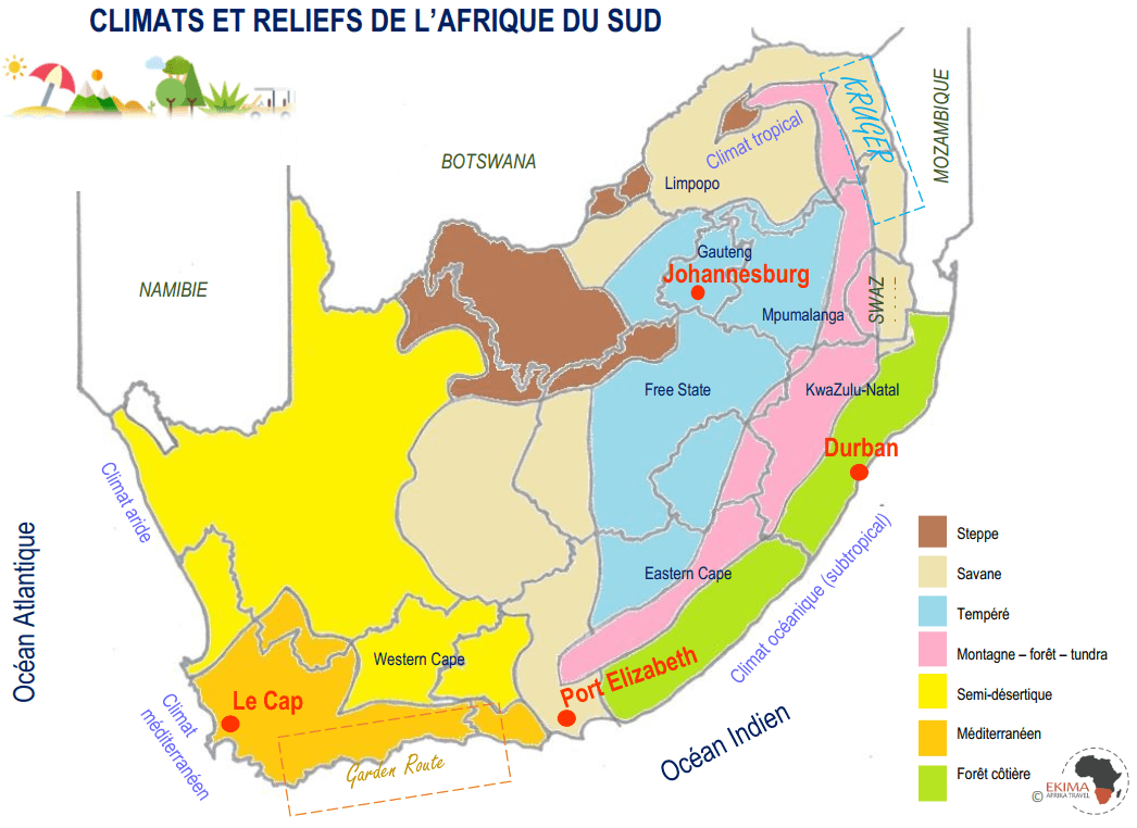 quand-partir-en-afrique-du-sud-carte-climats-et-reliefs-ekima-travel-agence-voyage-afrique-australe carte illustrant les différents climats et reliefs de l’Afrique du sud
