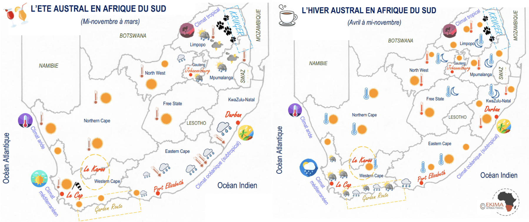 quand-partir-en-afrique-du-sud-carte-ete-et-hiver-austral-ekima-travel-agence-voyage-afrique-australe cartes illustrant le climat en été et en hiver en Afrique du sud