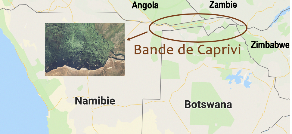 Parmi les lieux à visiter en Namibie : Caprivi illustrée sur une carte