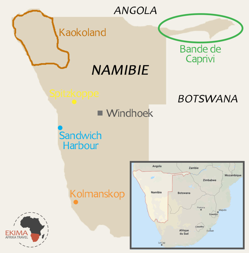 Carte pointant les cinq lieux à visiter en Namibie