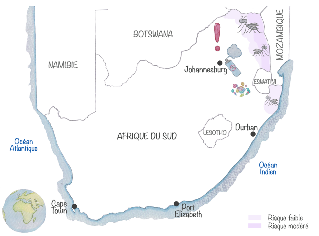 Carte de l’Afrique du sud avec surlignées en mauve les zones de palu 