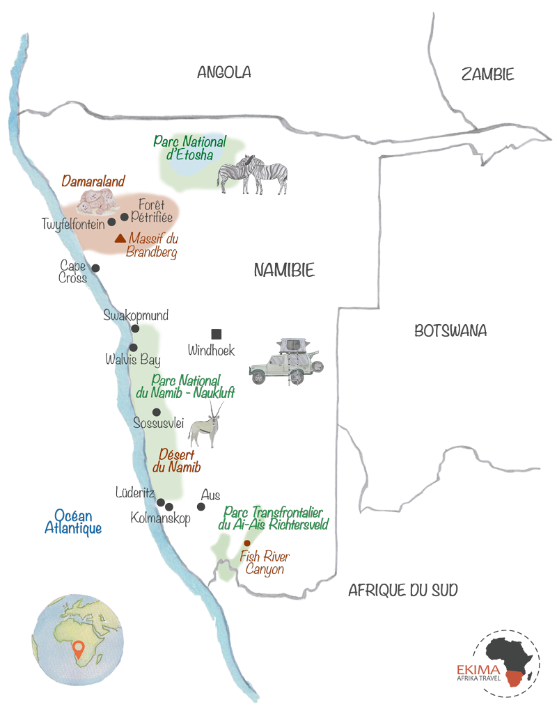 Carte des parcs et reserves de Namibie illustrant les incontournables
