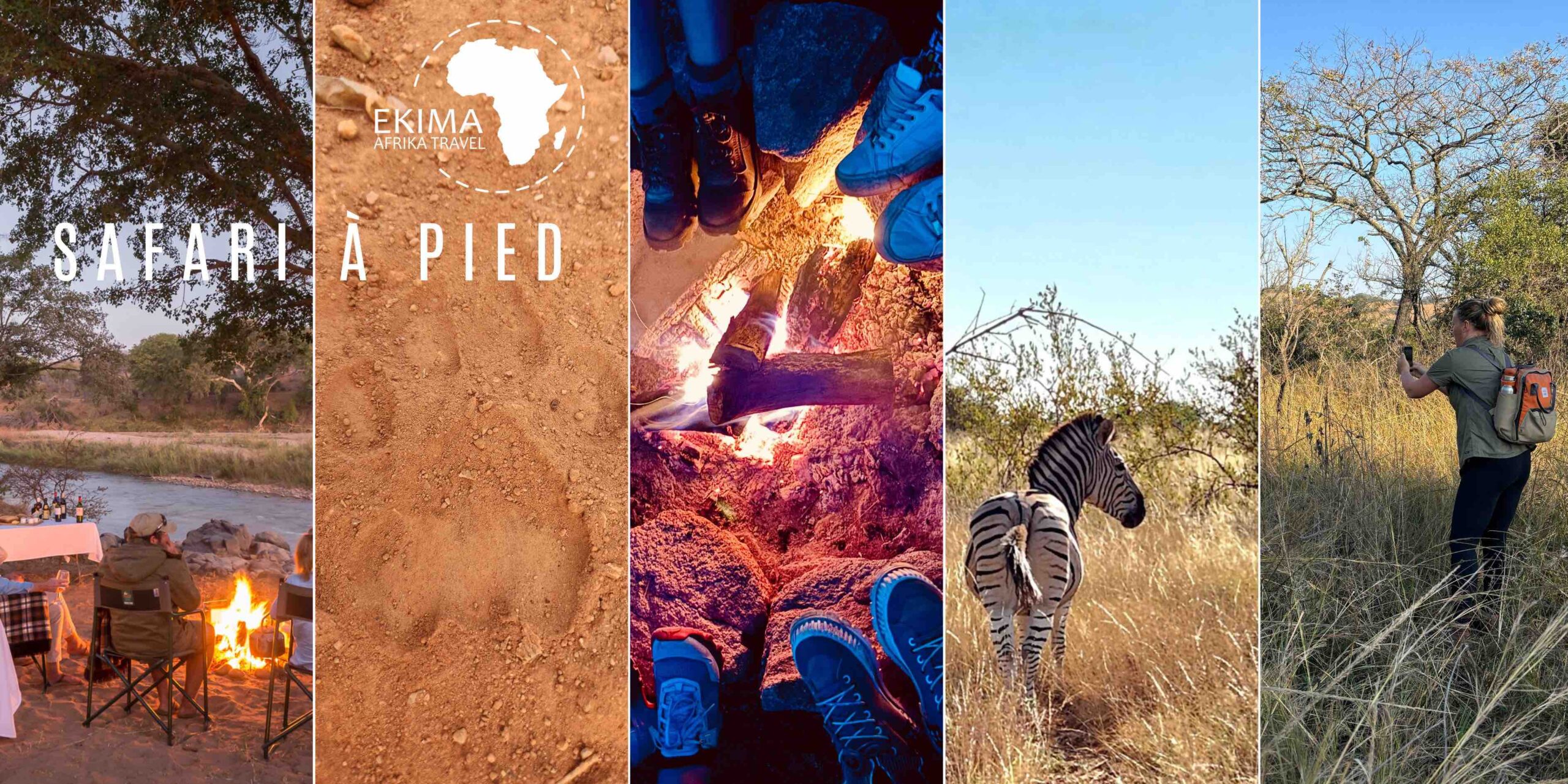 5 photos alignées montrant l'expérience du safari à pied