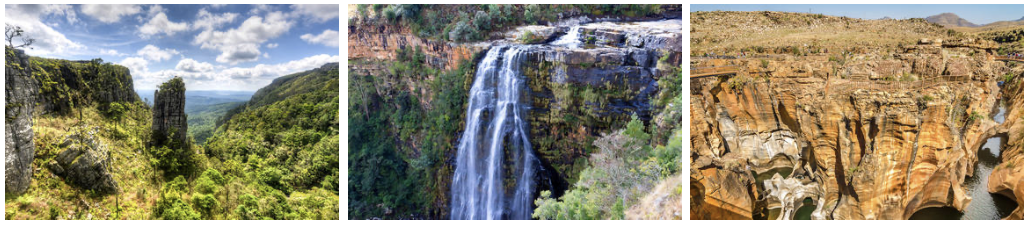 3 photos alignées avec vue sur les montagnes, une cascade et le blyde