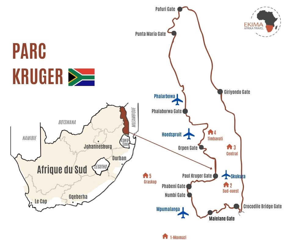Carte du Park Kruger avec ses portes, aéroports et notre itinéraire