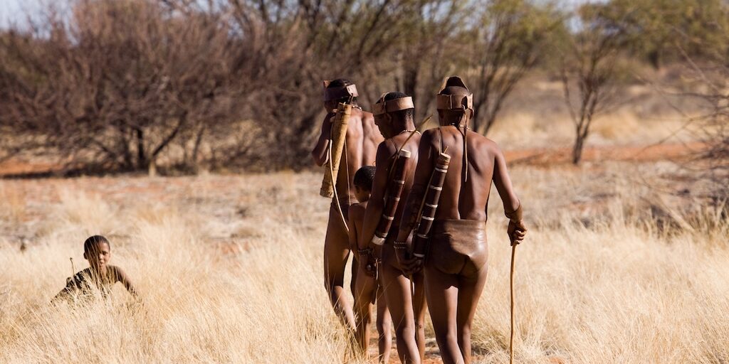 Peuple san marchant en file indienne dans les buissons du Kalahari